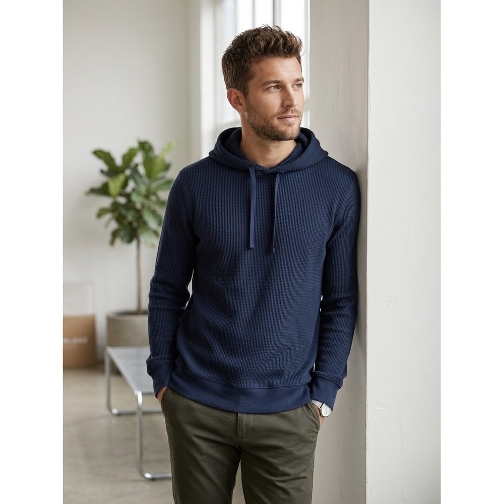 Everlane Waffle Hoodie Mens Medium Navy Blue Organic Cotton Pullover M-SWTS-CTN